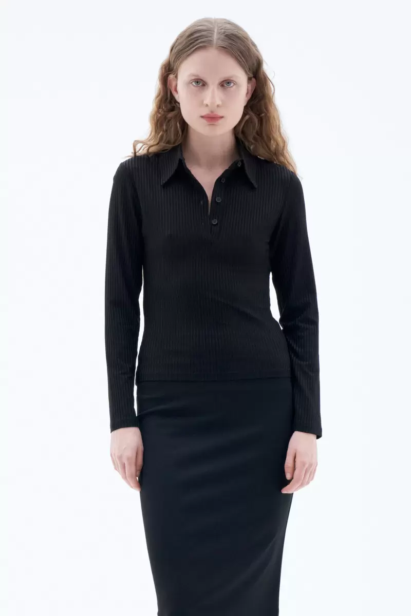 Glänzendes, Geripptes Polohemd Mit Knopfdetail Damen Tops Filippa K Produktion Black