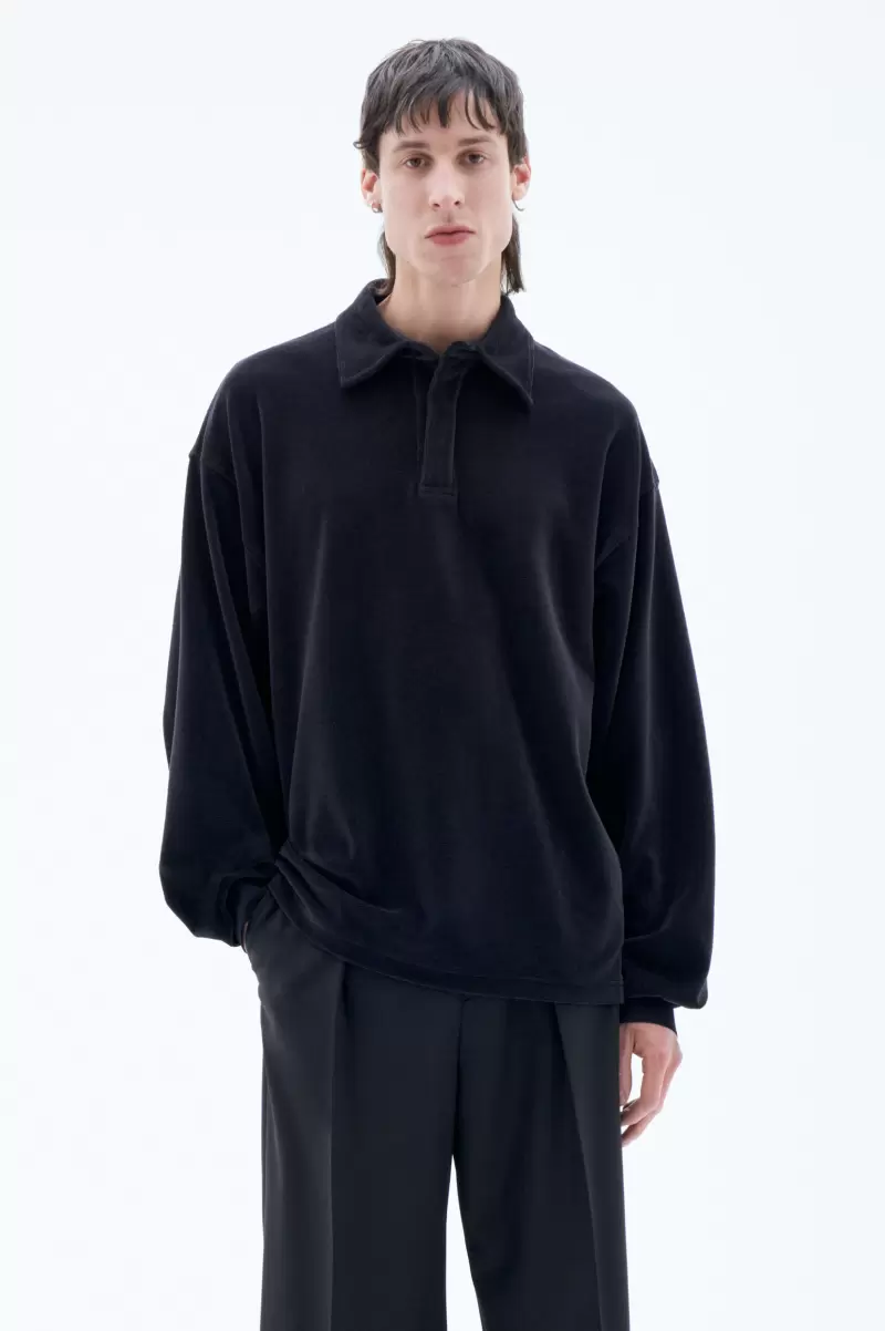 Filippa K Black T-Shirts Herren Innovativ Langärmeliges Velours-Poloshirt