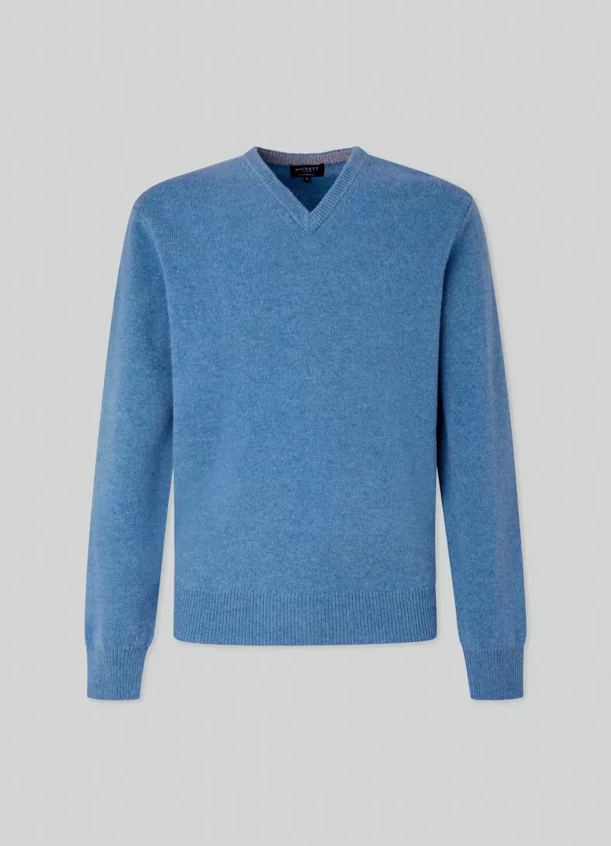 Pullover Aus Wolle V-Ausschnitt Strickwaren Steel Blue Herren Hackett London - 4