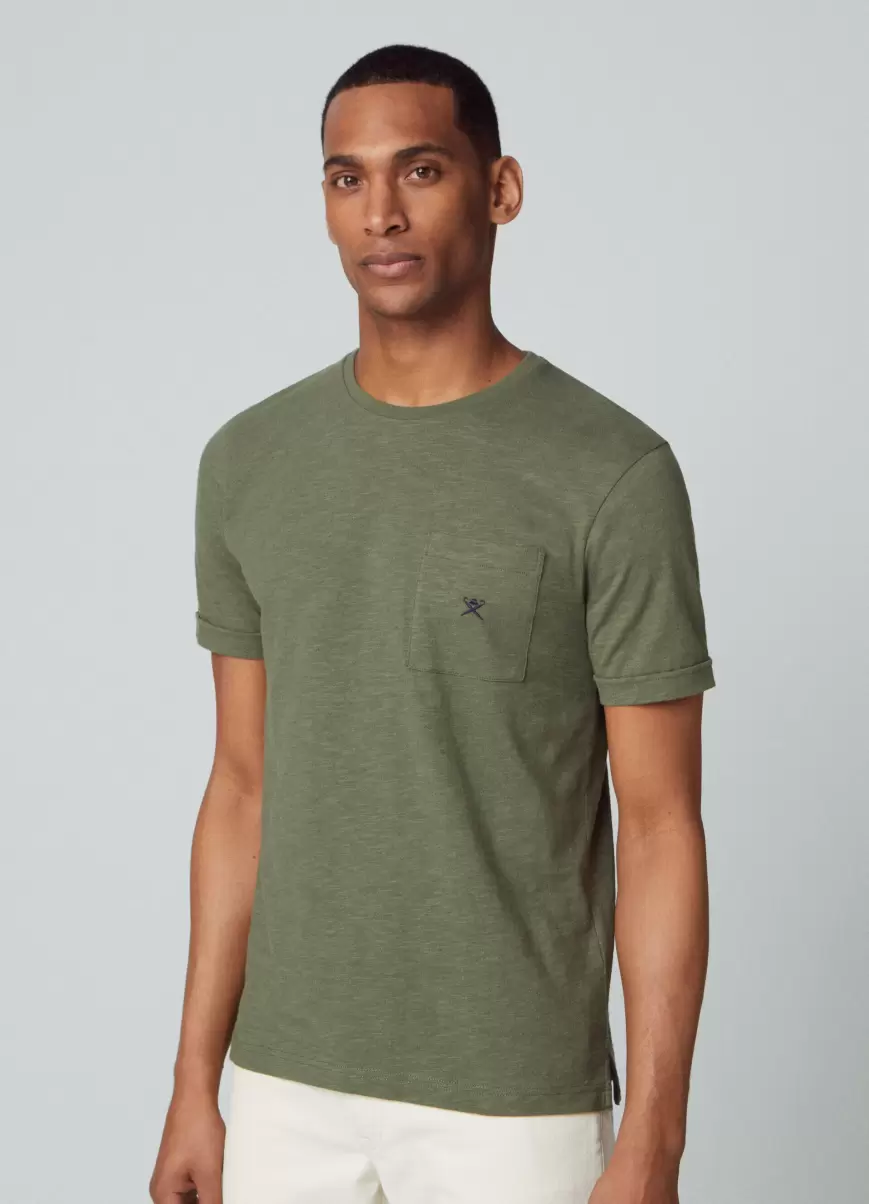 Olive Green Hackett London Herren T-Shirt Tasche Logo Gestickt T-Shirts - 1