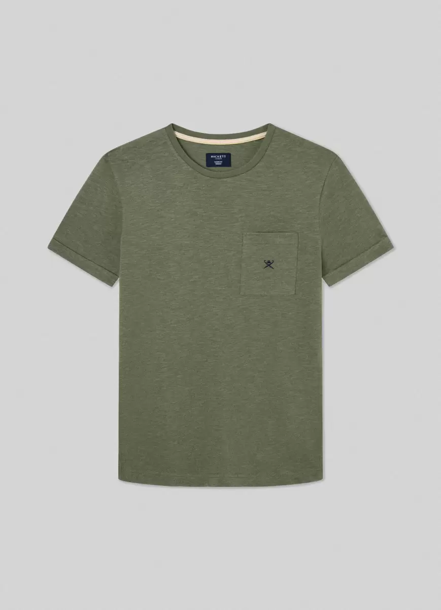 Olive Green Hackett London Herren T-Shirt Tasche Logo Gestickt T-Shirts - 4