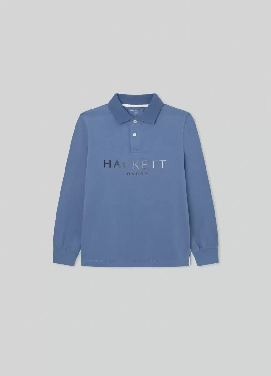 Hackett London Steel Blue Poloshirt Langärmlig Logo-Druck Herren Poloshirts